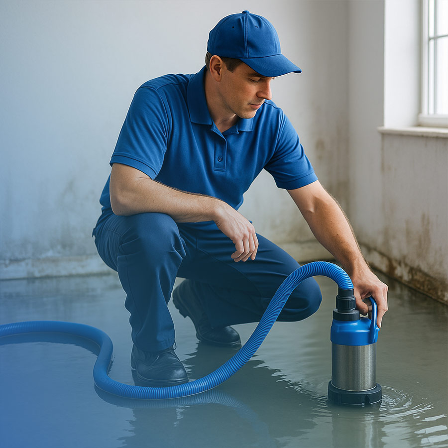 Schnelles-Handeln-beim-Wasserschaden-ist-entscheidend Tauchpumpe entfernt stehendes Wasser in Keller während Nottrocknung